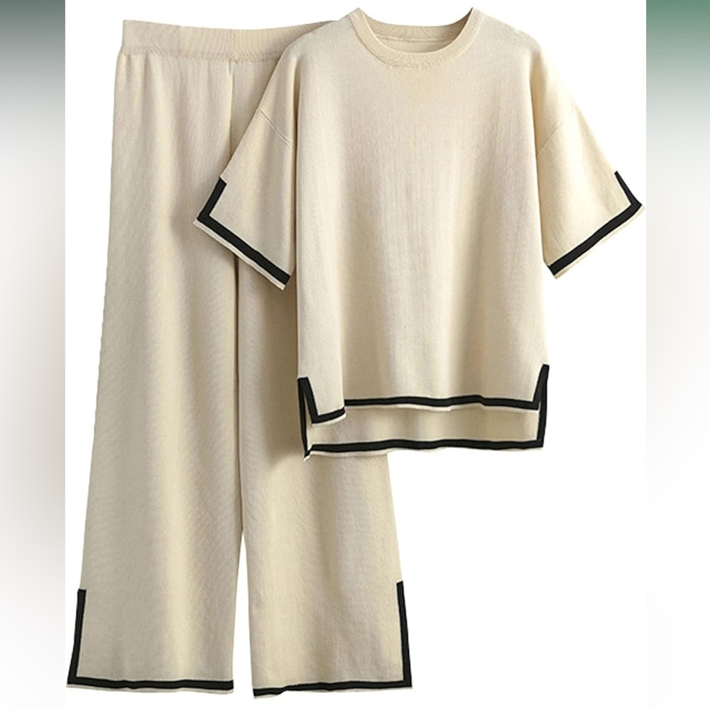 Womens Cream with Black Trim Cotton Loungewear Set size Small